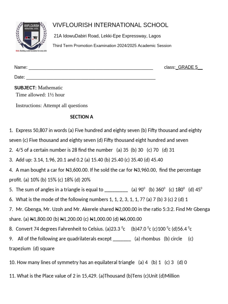 Grade 5 Math Exam Questions 2024 | PDF | Thermometer | Heat