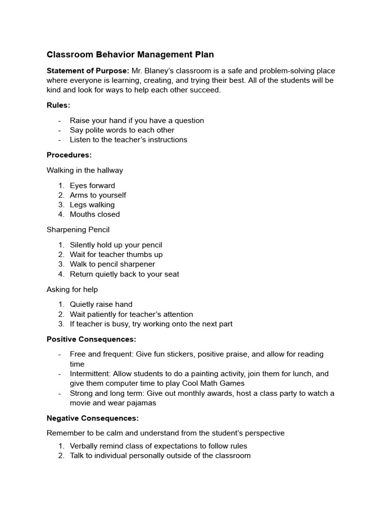 Classroom Behavior Management Plan | PDF