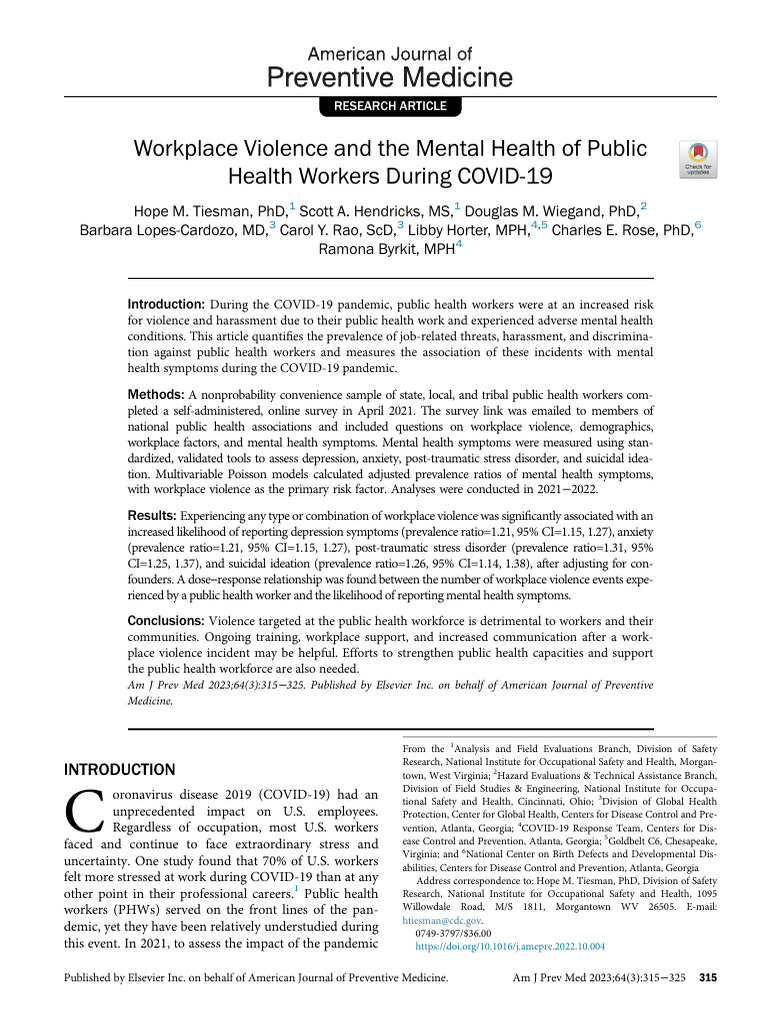 Workplace Violence Impact on Public Health Workers | PDF | Factor ...