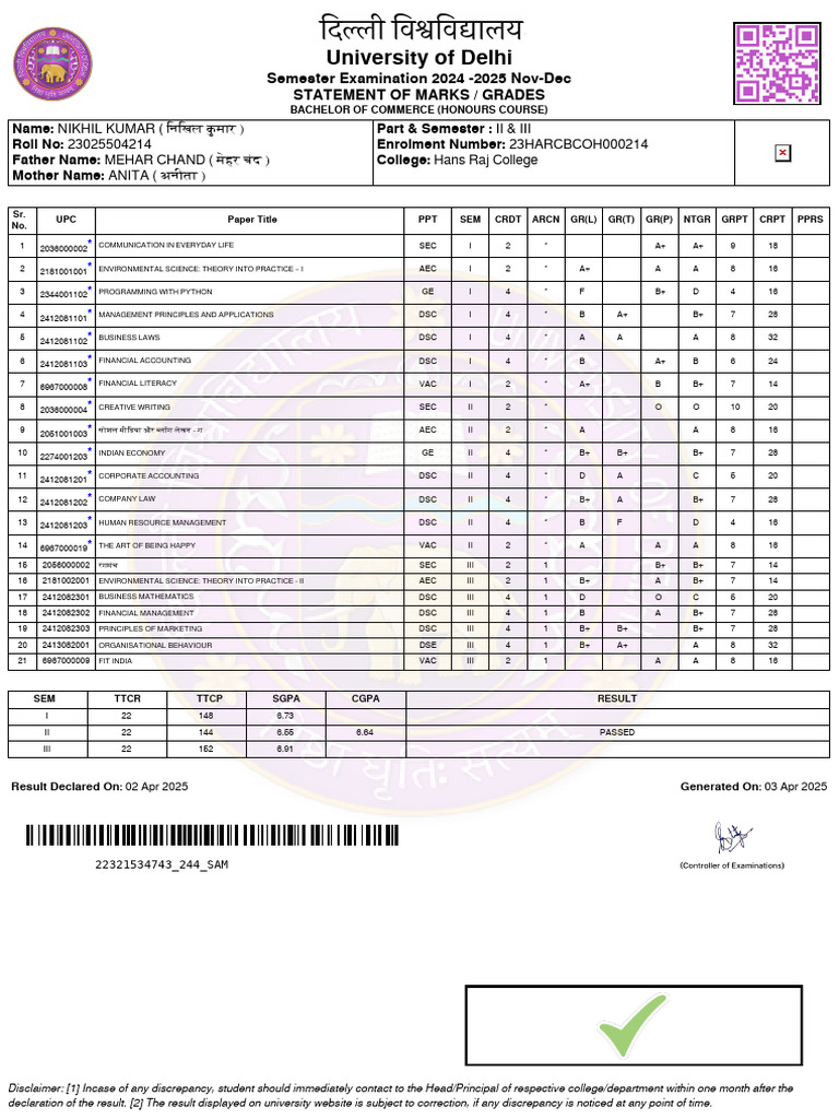 University of Delhi: Semester Examination 2024 - 2025 Nov-Dec Statement ...