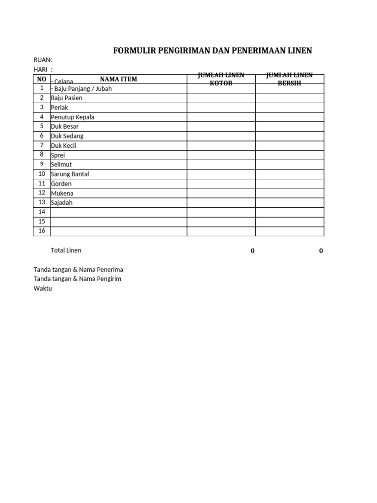 Formulir Pengiriman Linen Rumah Sakit | PDF