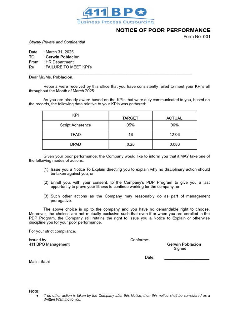 Notice of Poor Performance - KPI Failure | PDF