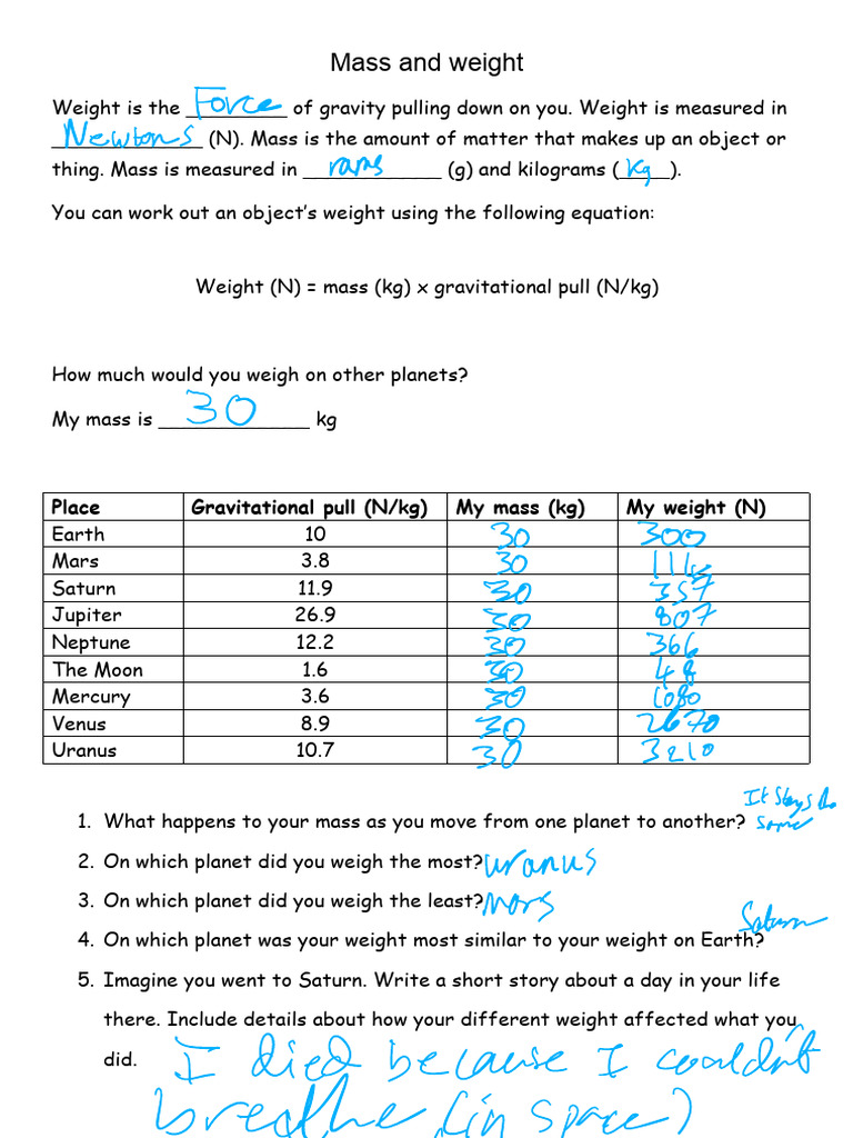 Edited - Emy Anderson - Copy of Mass and Weight - Worksheet | PDF
