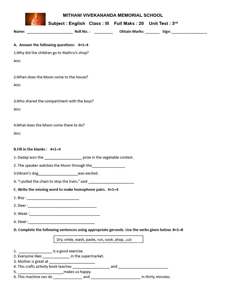 Class 3 English Unit Test Questions | PDF