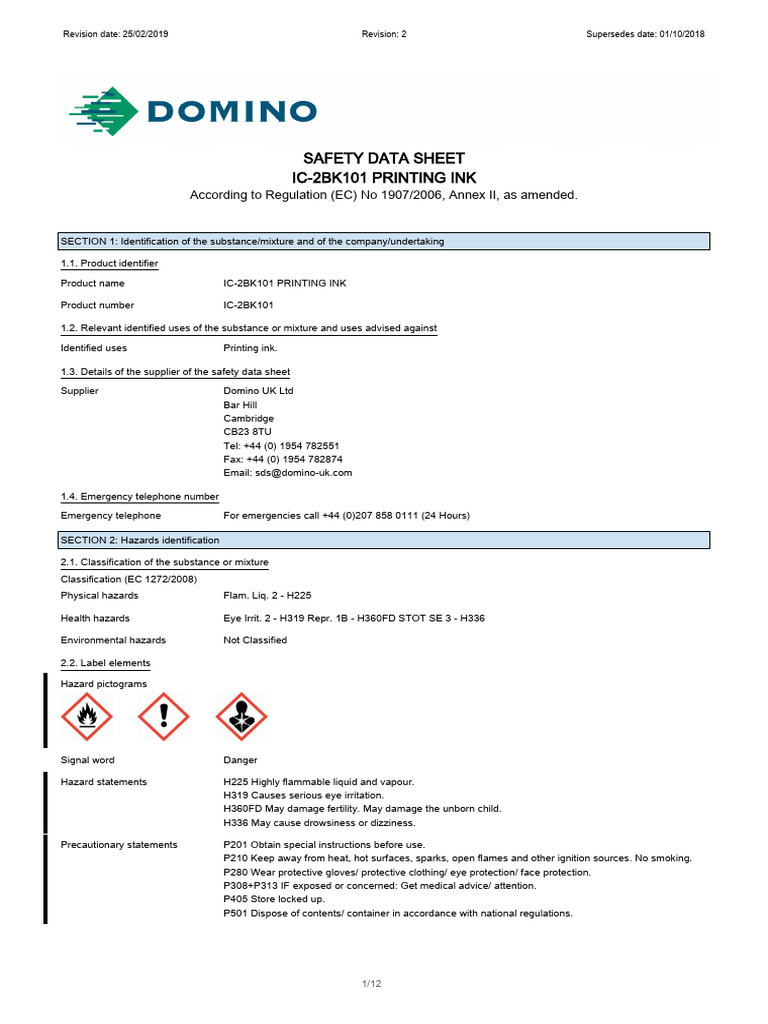 IC-2BK101 Printing Ink Safety Data Sheet | PDF | Toxicity | Dangerous Goods