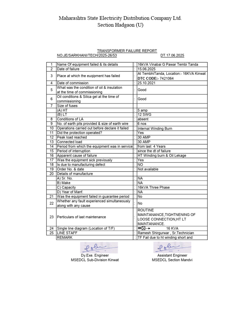 Transformer Failure Report - 16kVA MSEDCL | PDF | Electrical Equipment ...