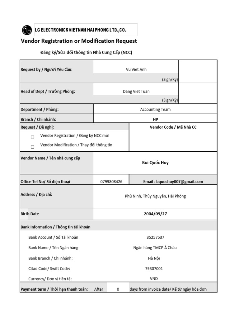 Vendor Code Registration Form (New 2025) | PDF