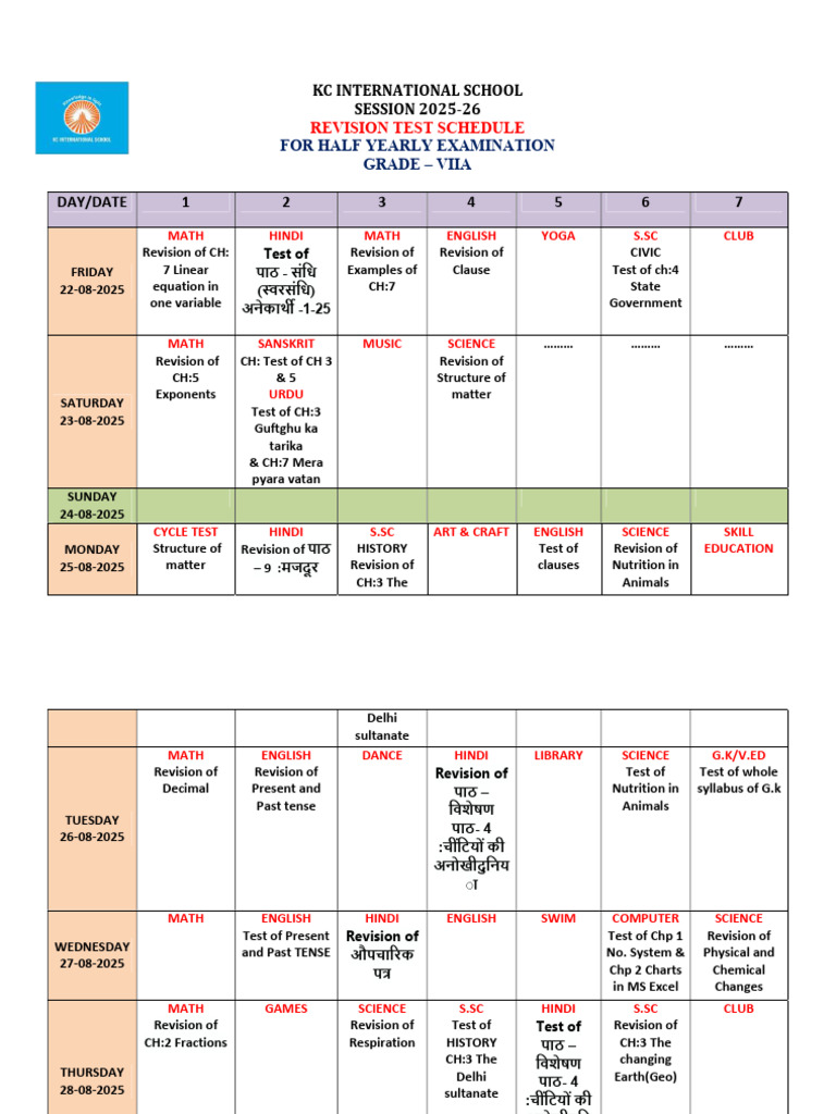 7 - Half Yearly Revision Schedule (2025-2026) | PDF | Equations ...