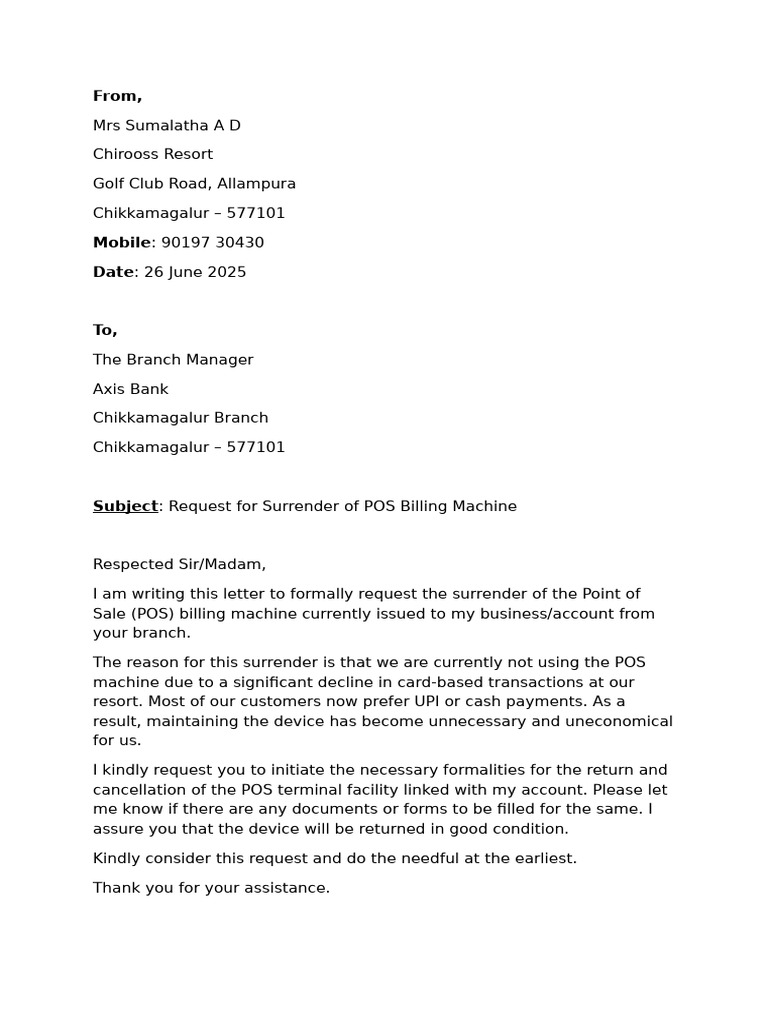 Request to Surrender POS Machine | PDF
