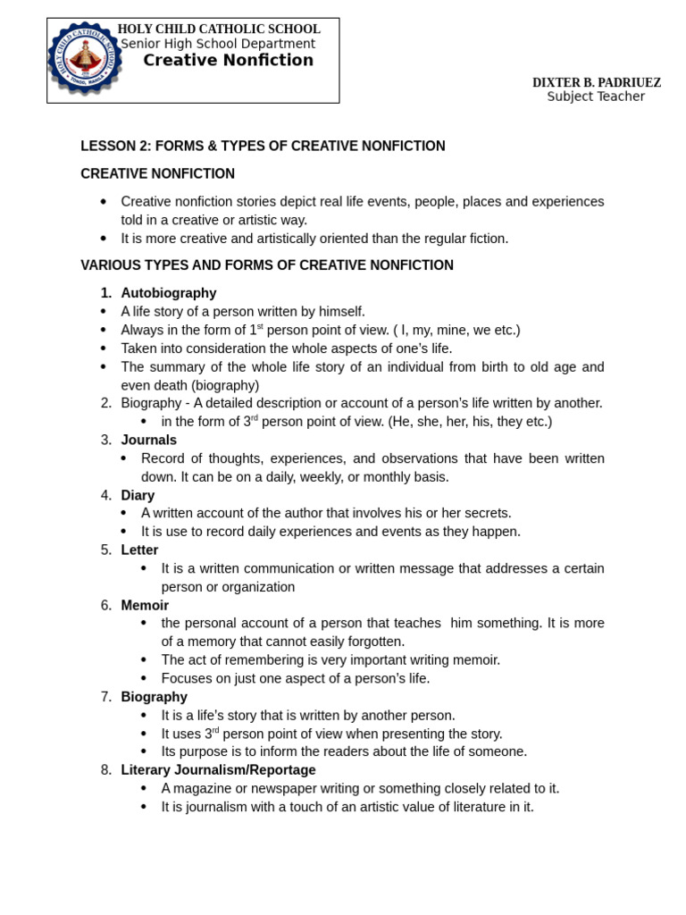 Types of Creative Nonfiction Explained | PDF | Creative Nonfiction | Essays