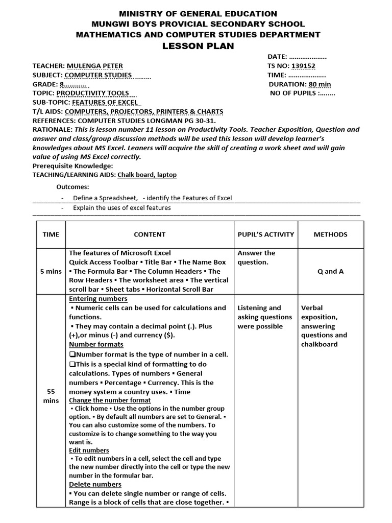 Excel Features Lesson Plan for Grade 8 | PDF | Microsoft Excel ...