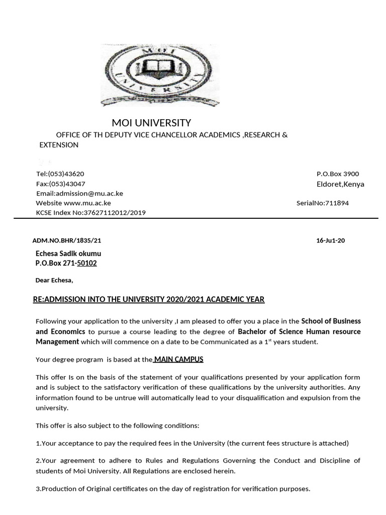 Moi University Admission Letter 2020/2021 | PDF