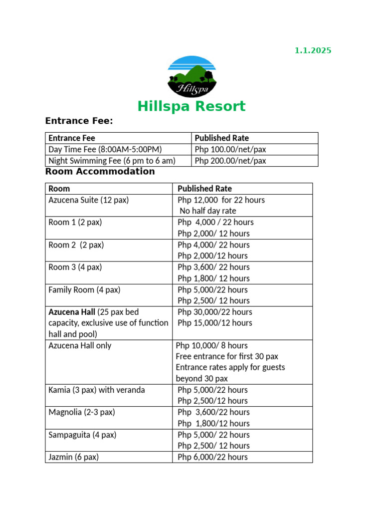Hillspa Resort Rates and Fees | PDF | Payments