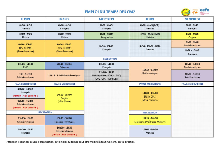 Emploi du temps CM2 2025-2026 | PDF