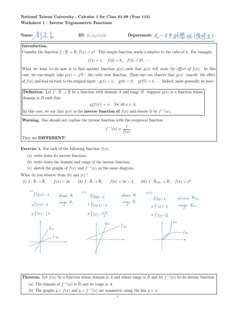 Inverse Trigonometric Functions Worksheet | PDF | Function (Mathematics ...