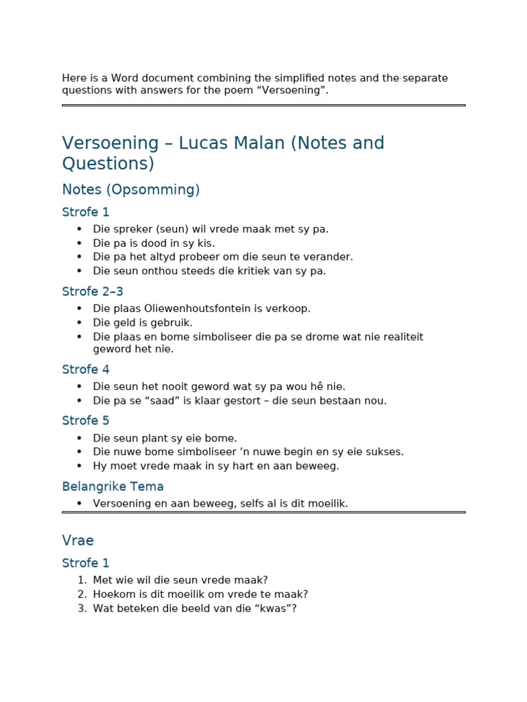 Versoening Notes Questions | PDF