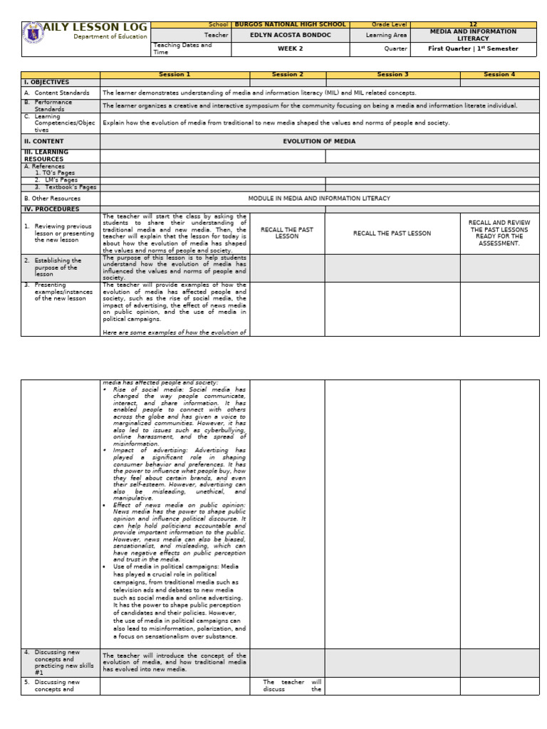 Media Evolution Lesson Plan for Grade 12 | PDF | Public Opinion ...