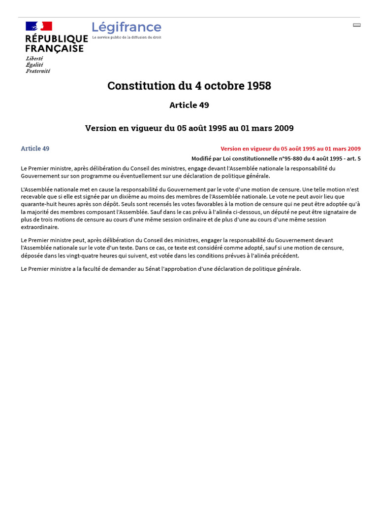 Article 49 de la Constitution française | PDF