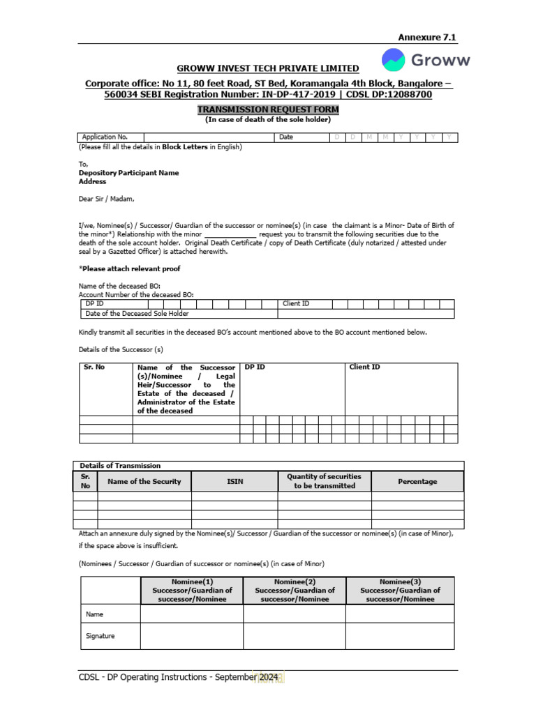 Transmission Request Form for Securities | PDF