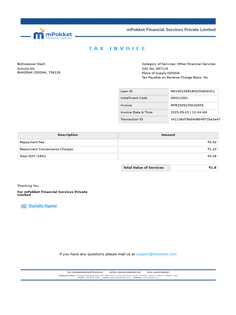 mPokket Loan Invoice Details | PDF