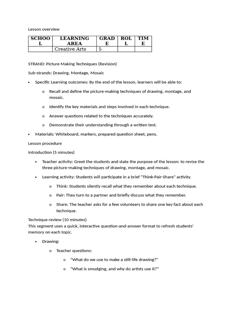 Picture-Making Techniques for Grade 5 | PDF | Drawing | Multiple Choice