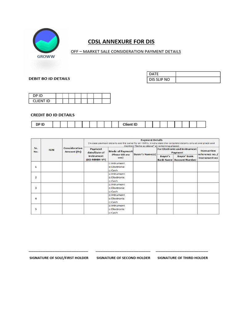 CDSL DIS Off-Market Sale Payment Details | PDF