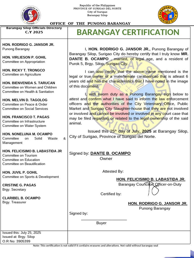 Barangay Silop Officials Directory 2025 | PDF