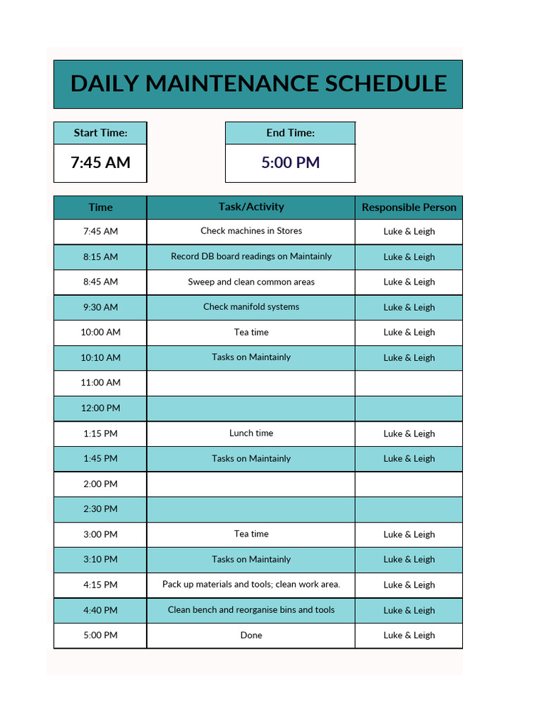 Daily Maintenance Schedule Template | PDF