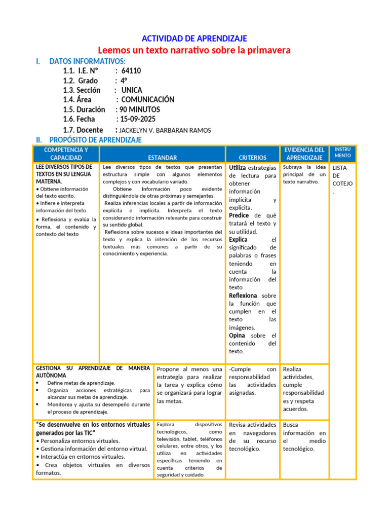 D1 A1 SESION Leemos Un Texto Narrativo Sobre La Primavera | PDF ...