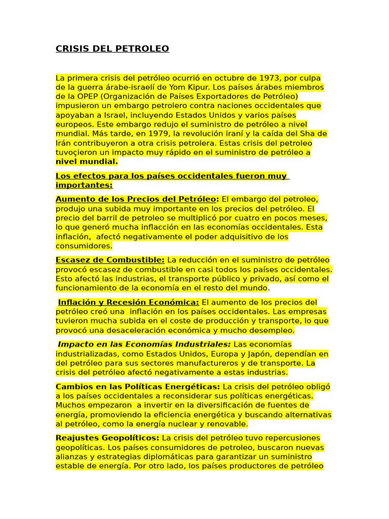 Impacto de la Crisis del Petróleo en 1973 | PDF | Crisis petrolera de ...