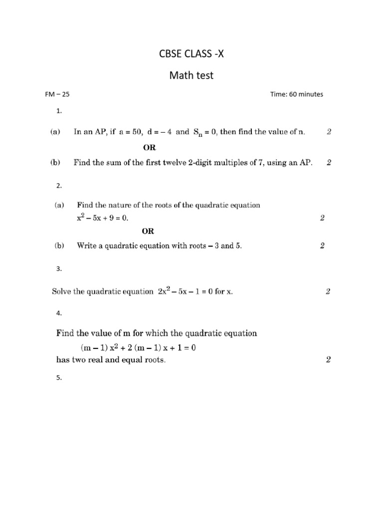 CBSE Class X Math Test Paper | PDF