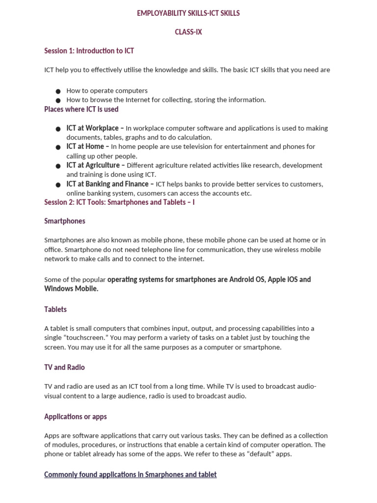 Essential ICT Skills for Class IX Students | PDF | Smartphone ...