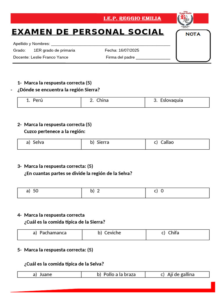 Examen de Personal Social | PDF