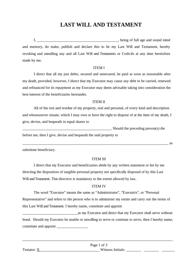 Last Will and Testament Template | PDF | Will And Testament ...