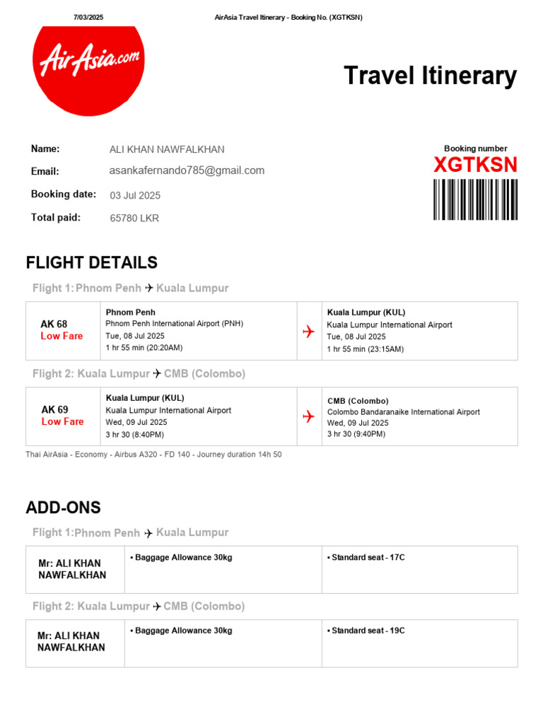 AirAsia Itinerary: Phnom Penh to Colombo | PDF