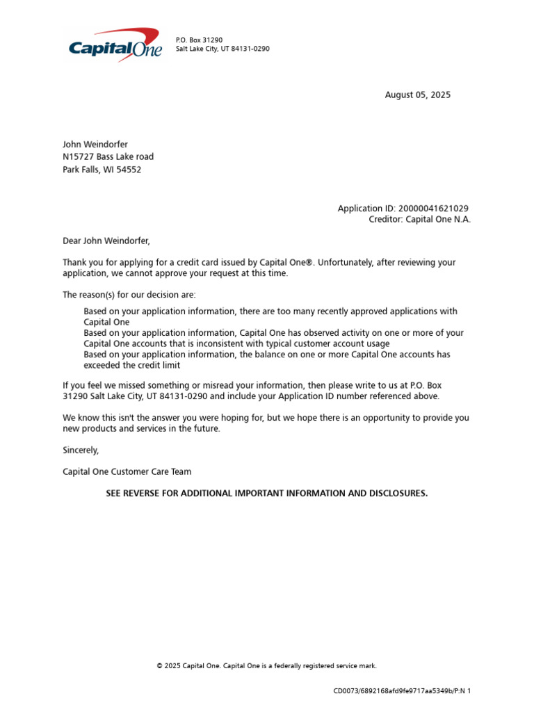 Capital One Adverse Action Notice | PDF | Capital One | Credit