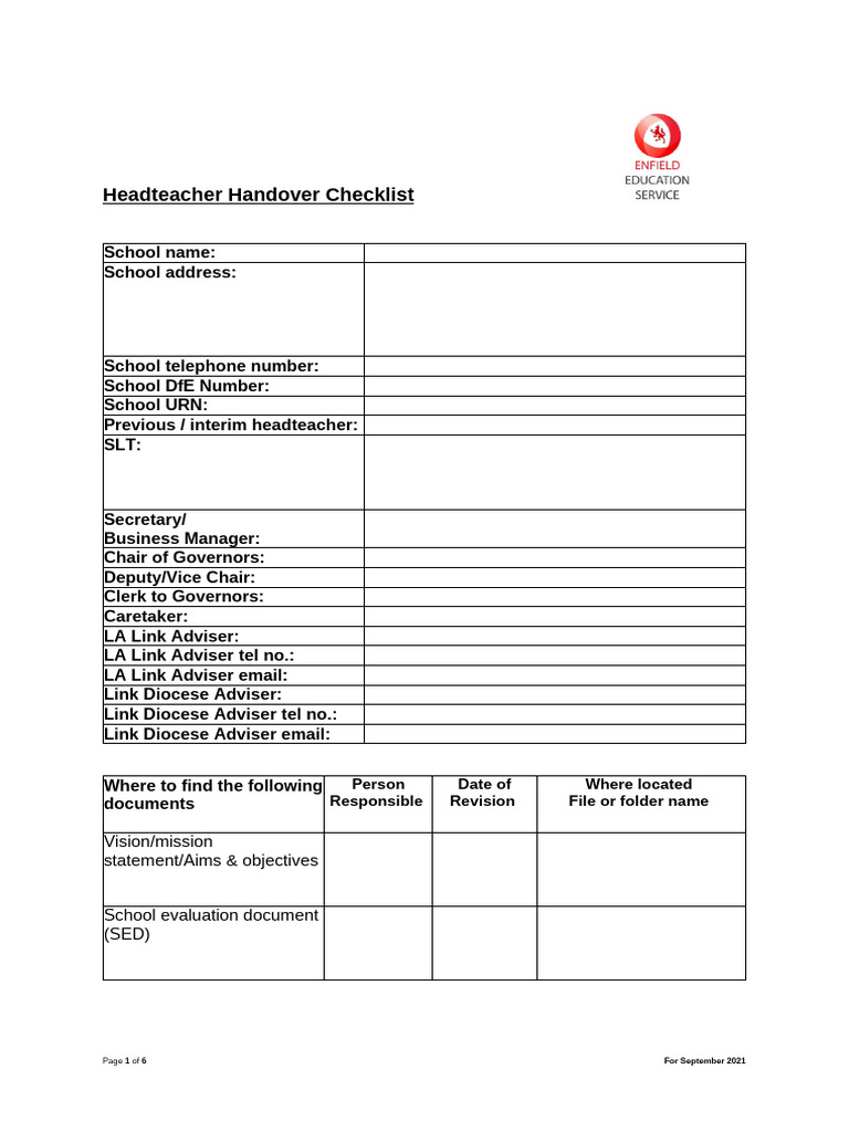 Headteacher Handover Checklist Guide | PDF