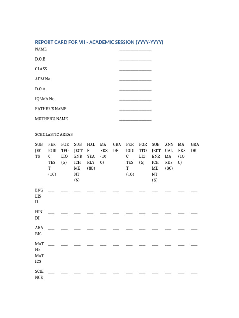 Class 7 Report Card Format | PDF