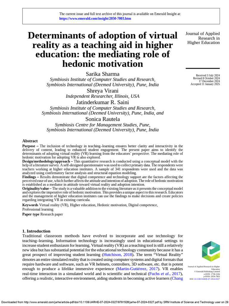 VR Adoption in Higher Education: Key Factors | PDF | Virtual Reality