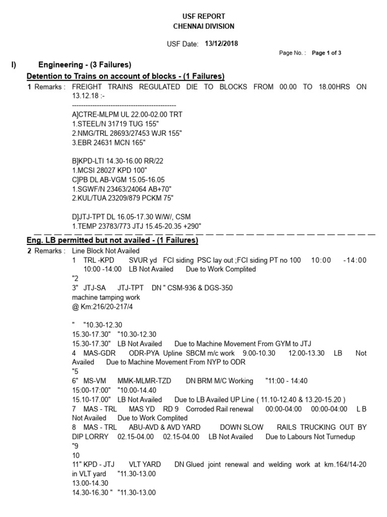 Chennai USF Report: Train Failures 2018 | PDF