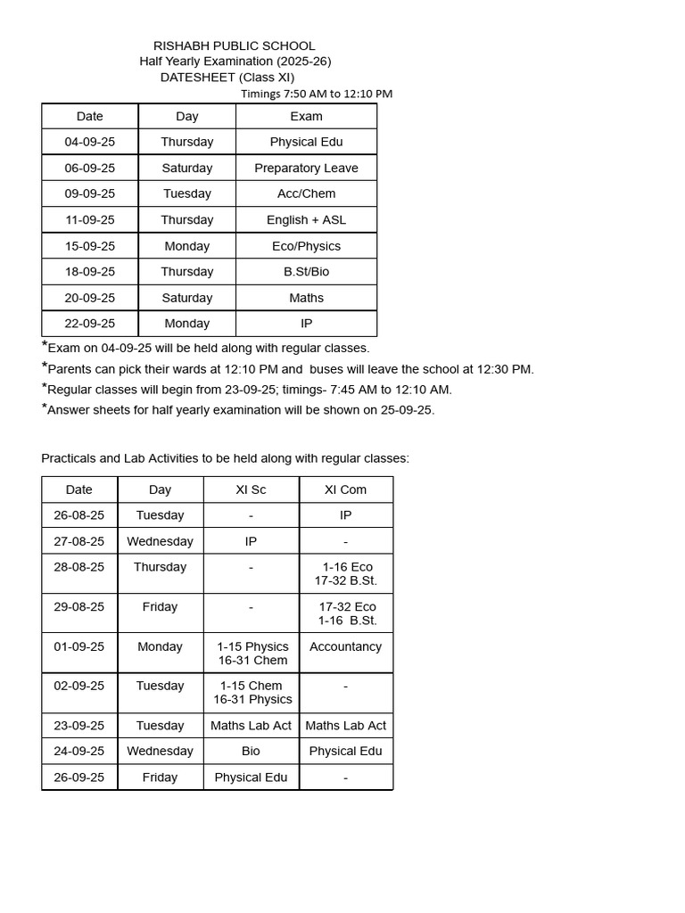 Datesheet Class XI | PDF