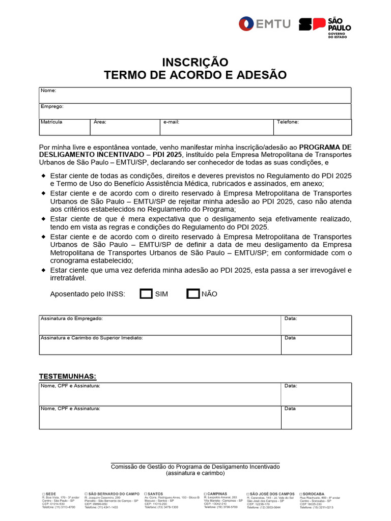 Inscrição no PDI 2025 da EMTU/SP | PDF