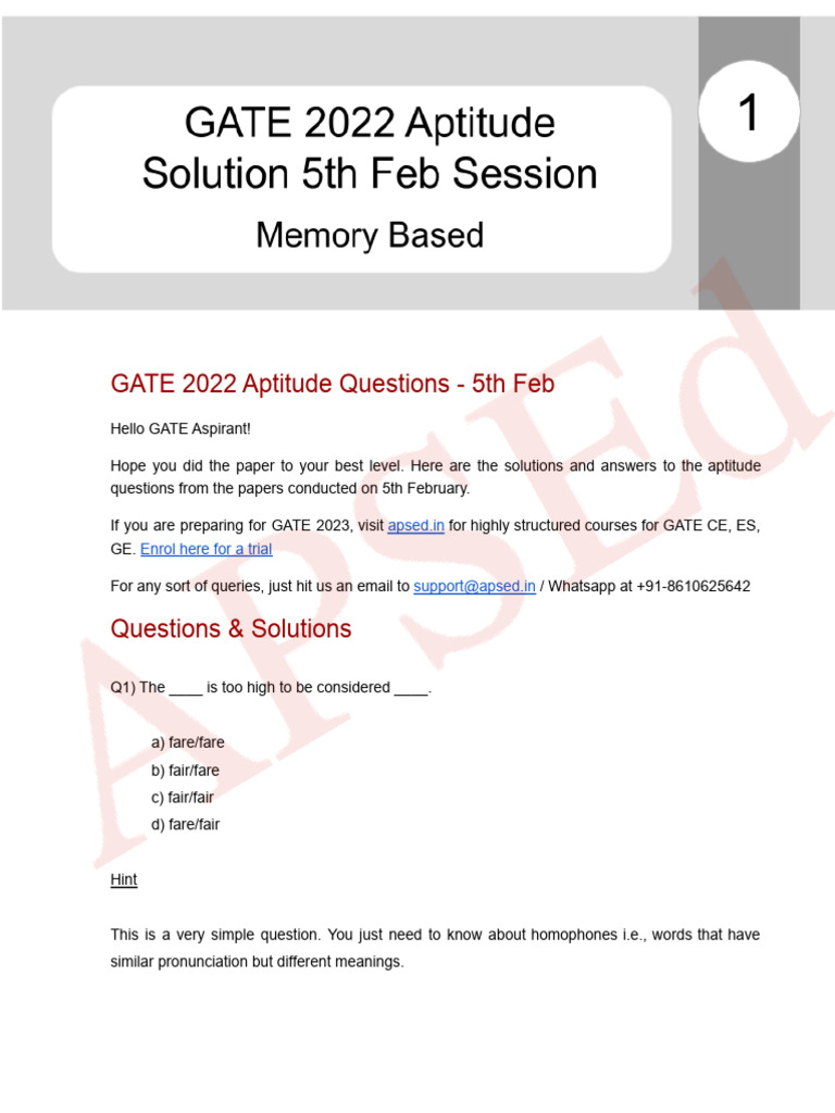 GATE 2022 Exam Questions and Solutions | PDF