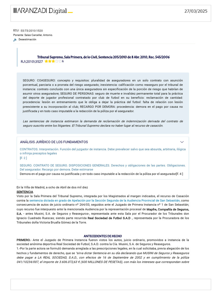 Sentencia sobre Coaseguro y Demora en Pago | PDF | Póliza de seguros ...