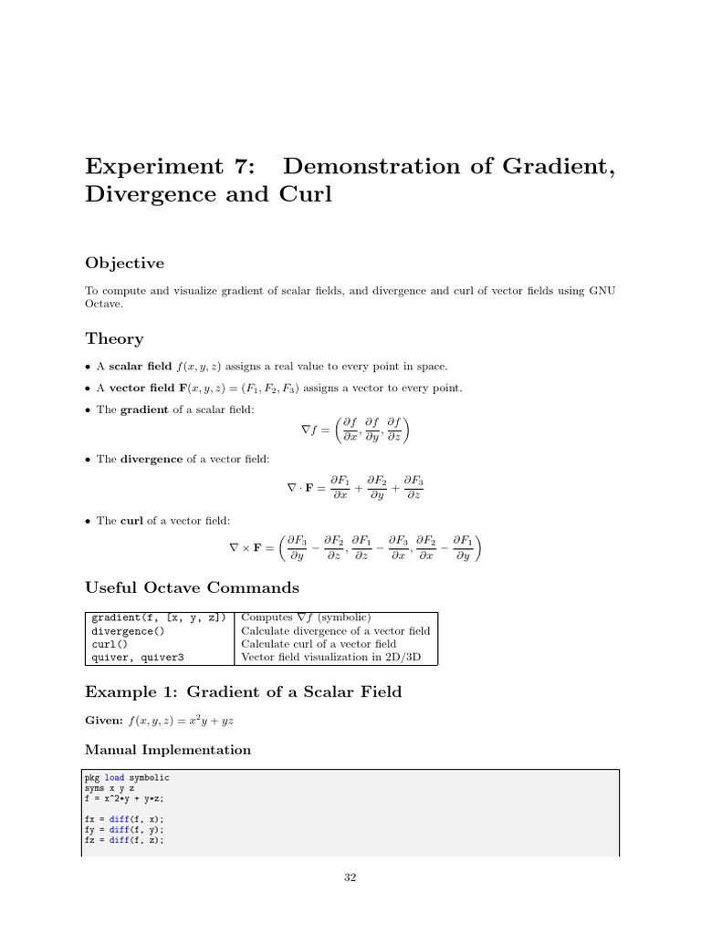 Gradient, Divergence, and Curl in Octave | PDF | Divergence | Gradient