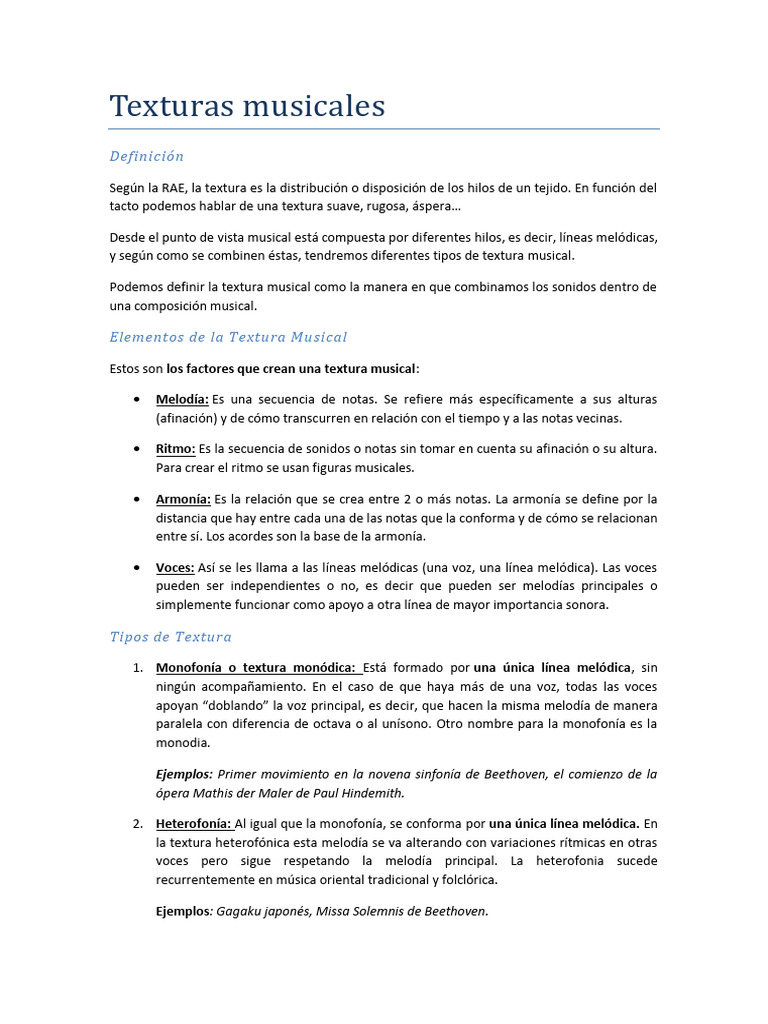 Tipos y Elementos de Texturas Musicales | PDF | Elementos de la música ...