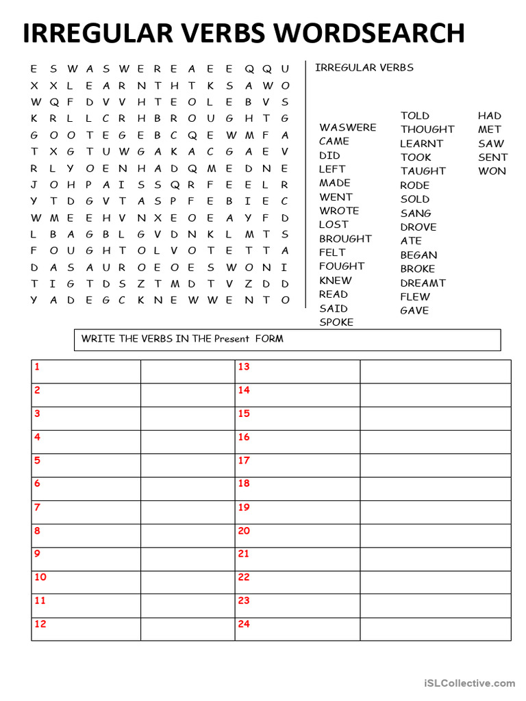 Irregular Verbs Wordsearch and Review | PDF