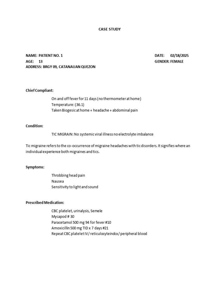 Case Study: Pediatric Tic Migraine | PDF