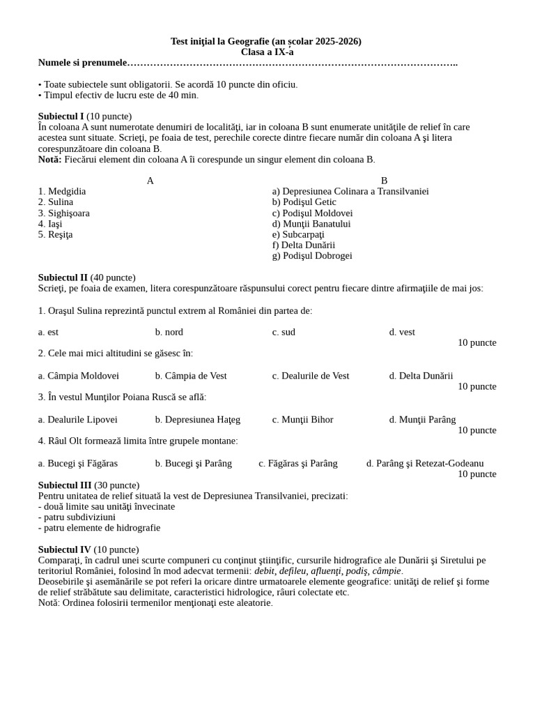 0 Test Initial Geografie Pentru Clasa A Ixa | PDF