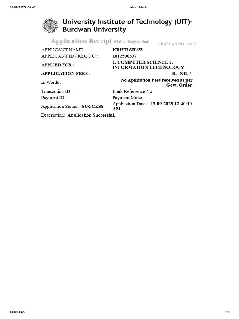 UIT Burdwan University Application Receipt | PDF